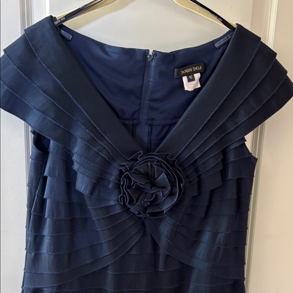 Tadashi Shoji Deep Navy Tiered Midi Dress with Rosette Detail
